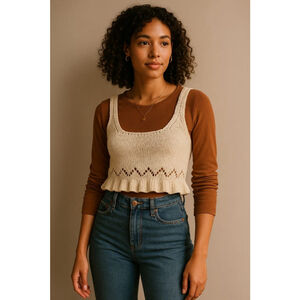 Women's ba&sh Paris knit Crop Tank Top-Ruffle Hem, Ivory Cream, Size M